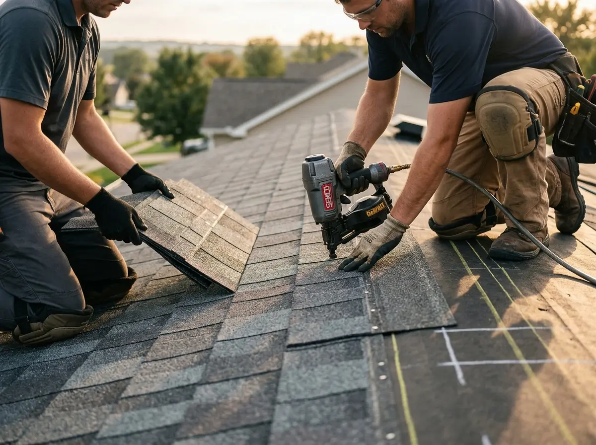 Professional roofer working on a residential roof in Forestville